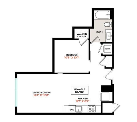 Floor plan for 1 bed, 1 bath, 637 sqft